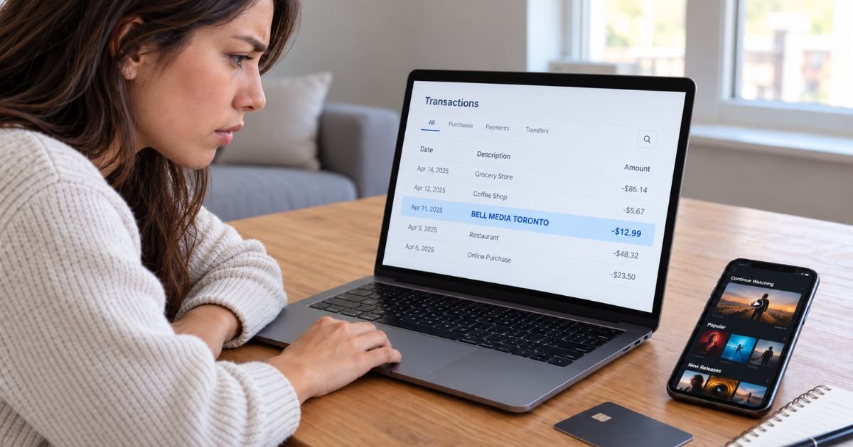 Person reviewing a highlighted BELL MEDIA TORONTO credit card charge on a laptop, with a smartphone showing a streaming interface, a credit card, and a notebook nearby.