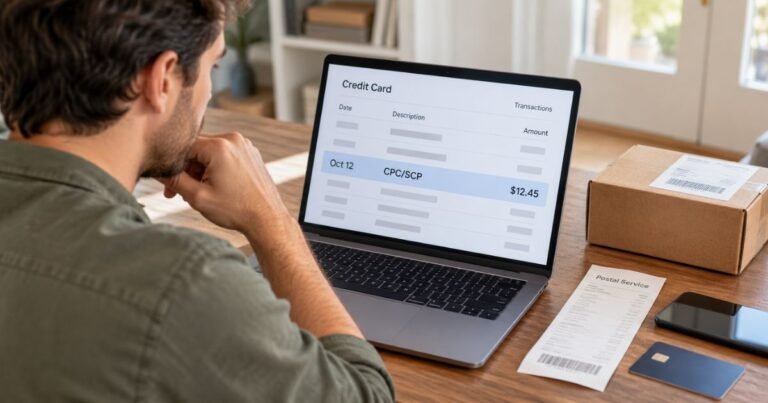 What is CPC SCP Charge on Credit Card Statement? 2 Person reviewing a highlighted CPC SCP credit card charge on a laptop, with a postal receipt, shipping parcel, and credit card nearby.