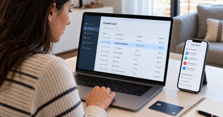 Person reviewing a highlighted GOOGLE SERVICES credit card charge on a laptop, with a smartphone showing subscription settings, a credit card, and a notebook nearby.