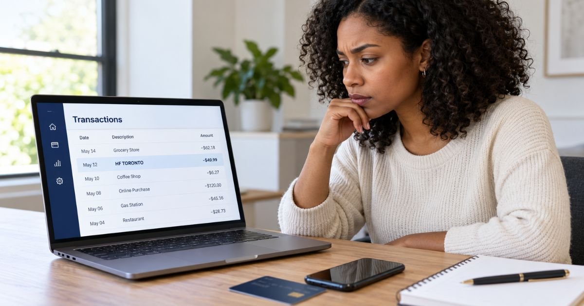 Person reviewing a highlighted HF TORONTO credit card charge on a laptop, with a smartphone, credit card, and notebook nearby.