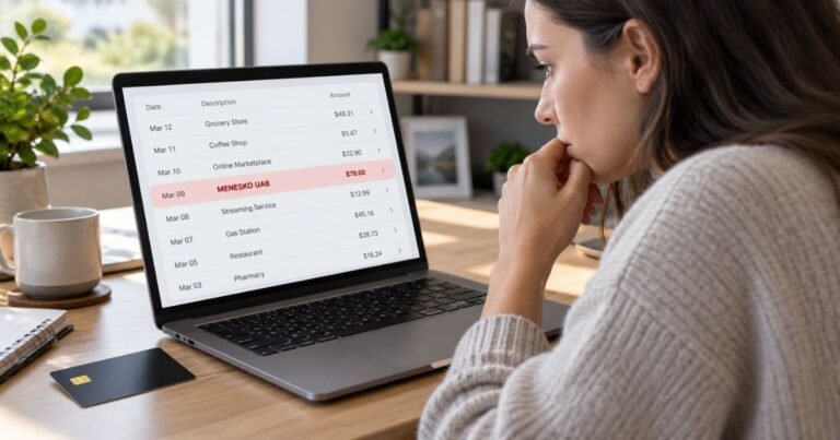 Person reviewing a laptop credit card statement with an unfamiliar MENESKO UAB transaction highlighted.