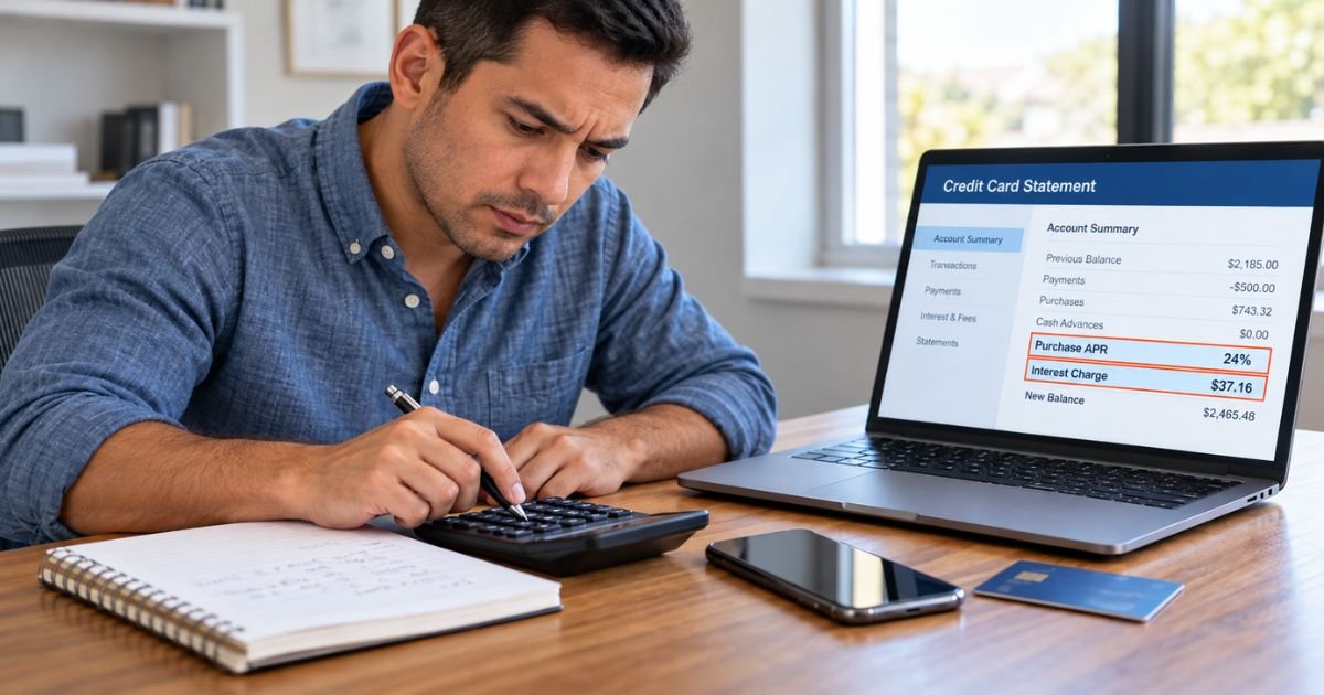 Person using a calculator to calculate APR charge on credit card balance while reviewing a monthly statement.