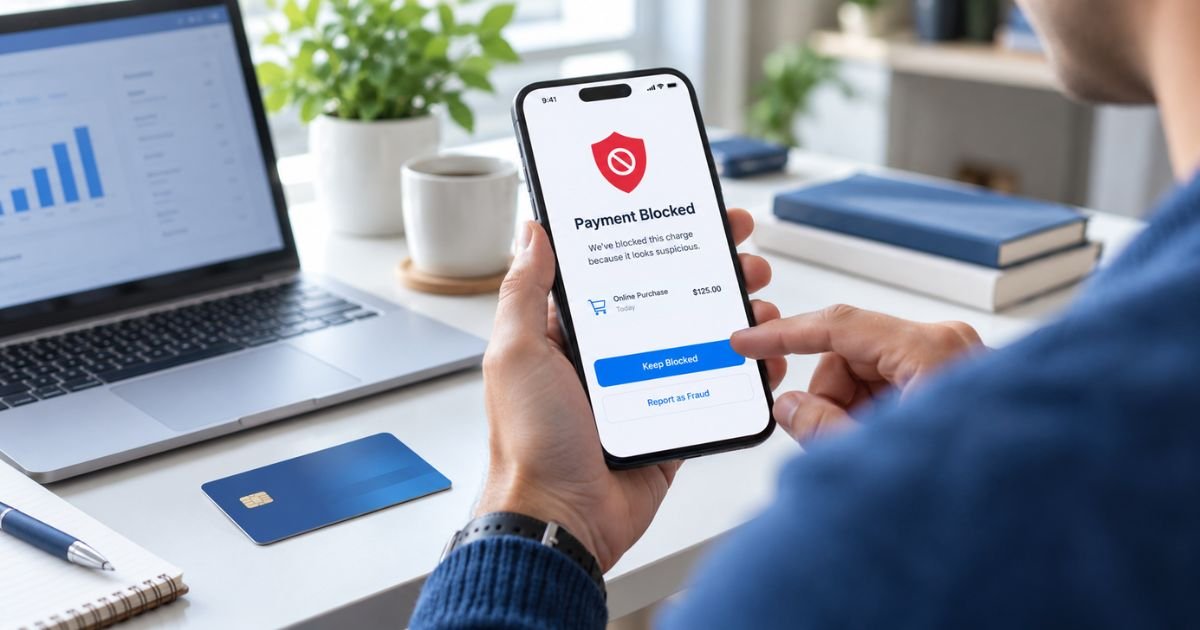 Person using a mobile banking app to block an unwanted credit card charge and prevent future payments.