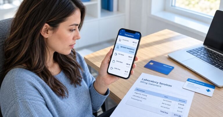 QDI Quest Diagnostics charge on credit card statement displayed on a smartphone while a customer reviews a medical laboratory bill.