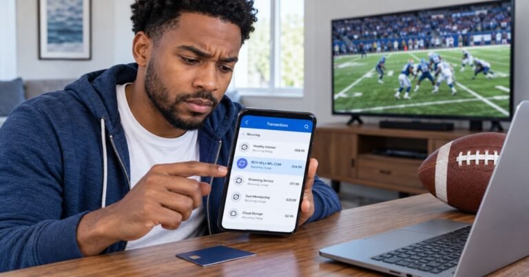 RCH NFL charge on credit card statement displayed on a smartphone while a customer reviews an NFL+ subscription payment.