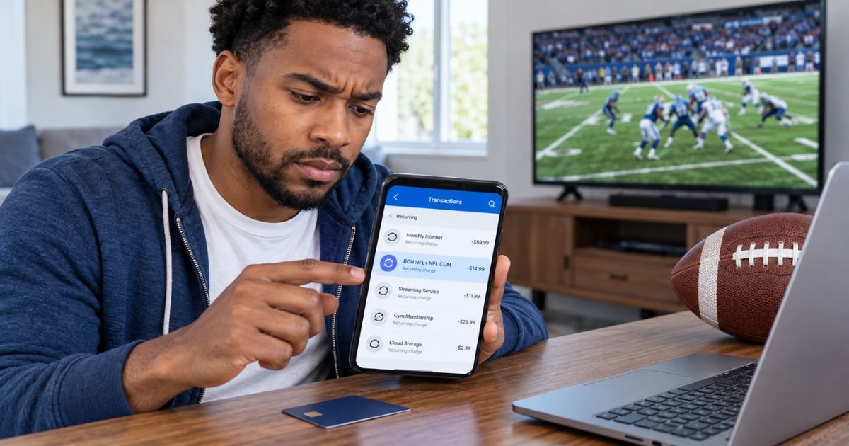 RCH NFL charge on credit card statement displayed on a smartphone while a customer reviews an NFL+ subscription payment.