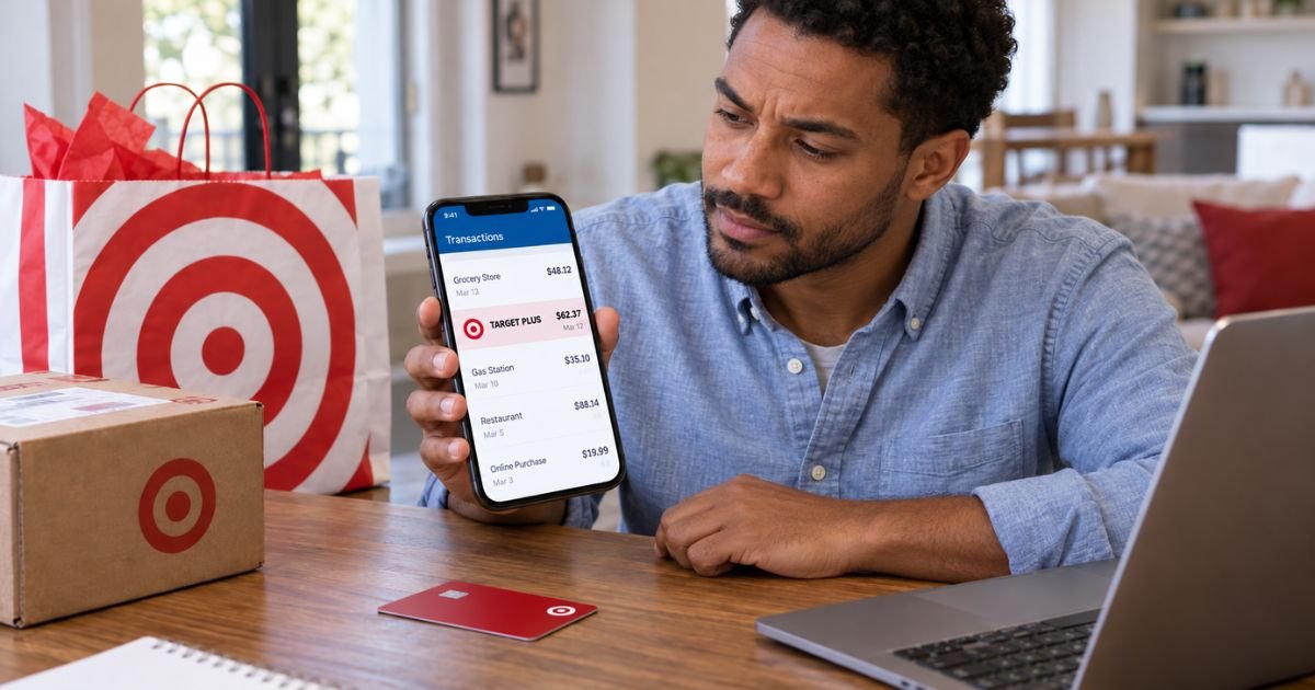 What is Target Plus Charge on Credit Card Statement? 1 Target Plus charge on credit card statement displayed on a smartphone while a customer reviews an online Target marketplace purchase.