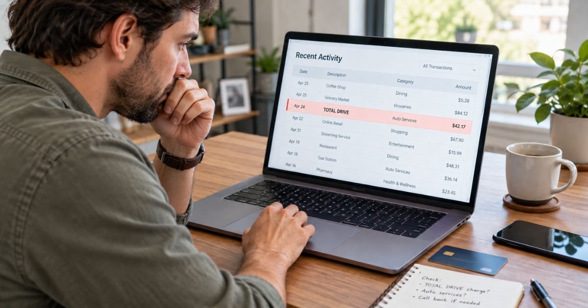 Total Drive charge on credit card statement being reviewed on a laptop beside a credit card.
