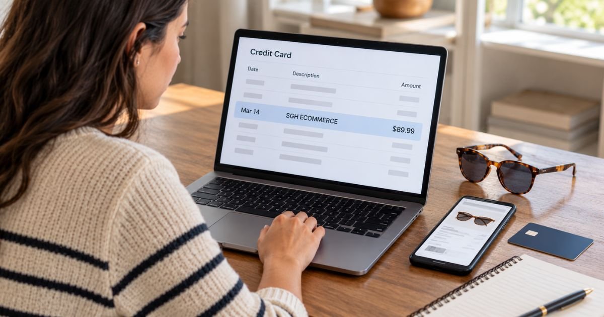 Woman reviewing a highlighted SGH ECOMMERCE credit card charge on a laptop, with sunglasses, a smartphone, and a credit card nearby.