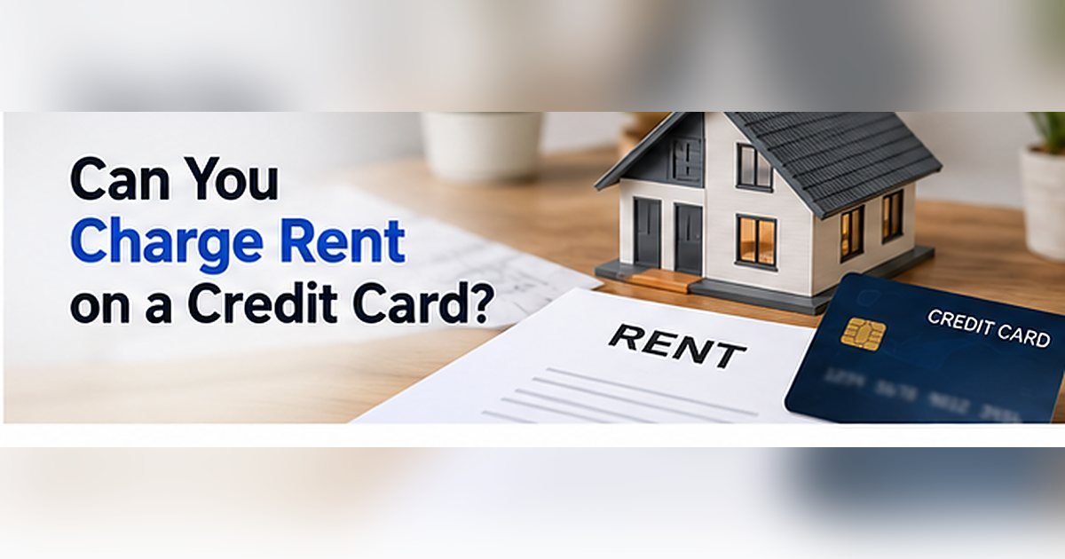 Miniature house and rent paperwork next to a credit card illustrating credit card rent payments