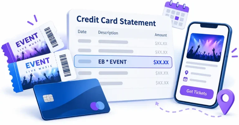 What is EB Charge on Credit Card? 5 EB event ticket purchase displayed on a credit card statement