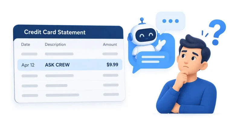 Illustration of Ask Crew charge on a credit card statement with online question support