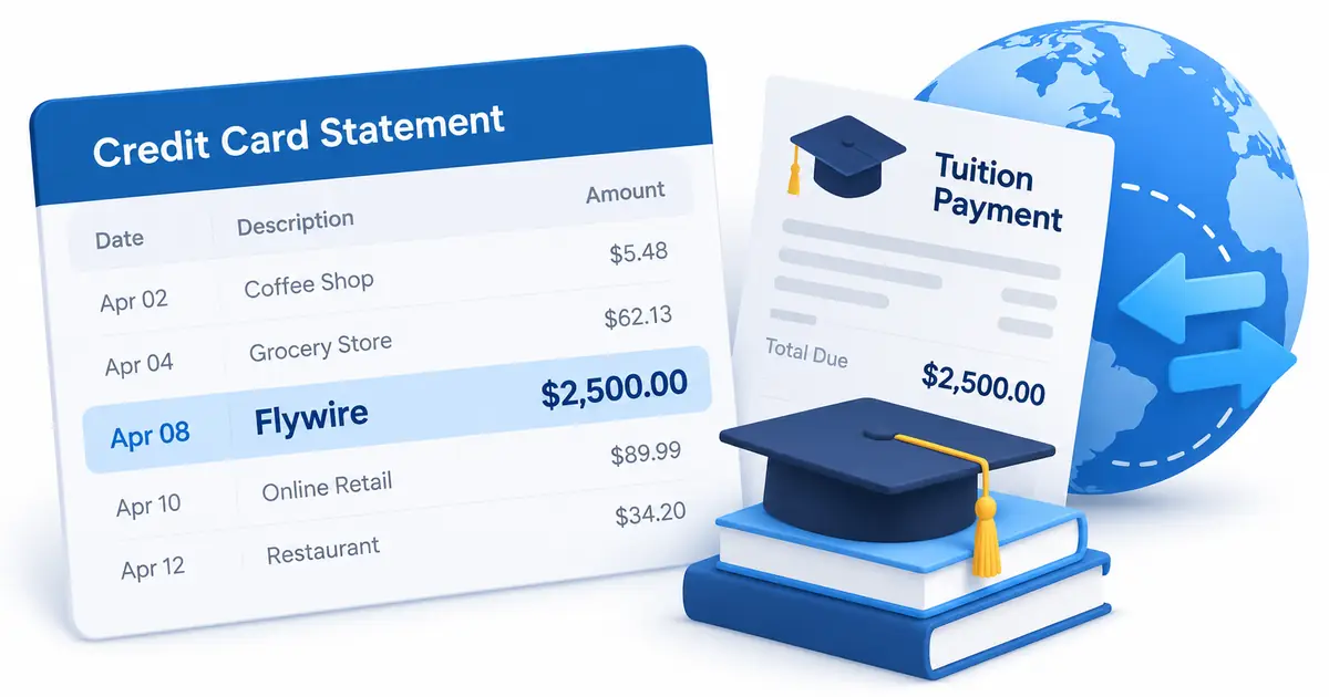 Illustration showing Flywire charge on a card statement and a tuition payment