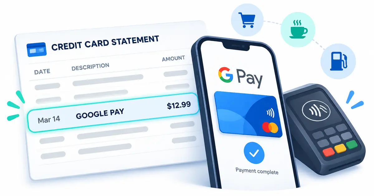 Google Pay credit card charge illustration with contactless payment terminal