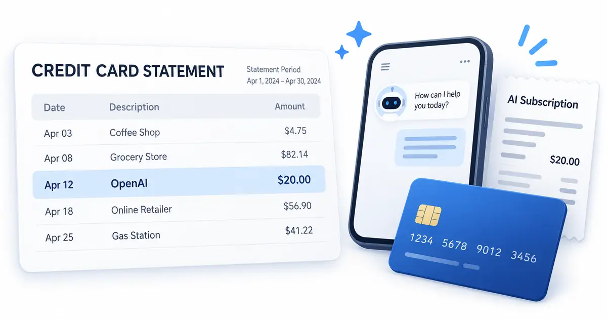 What is OpenAI Charge on Credit Card? 1 OpenAI credit card charge illustration with smartphone, AI chat, and receipt