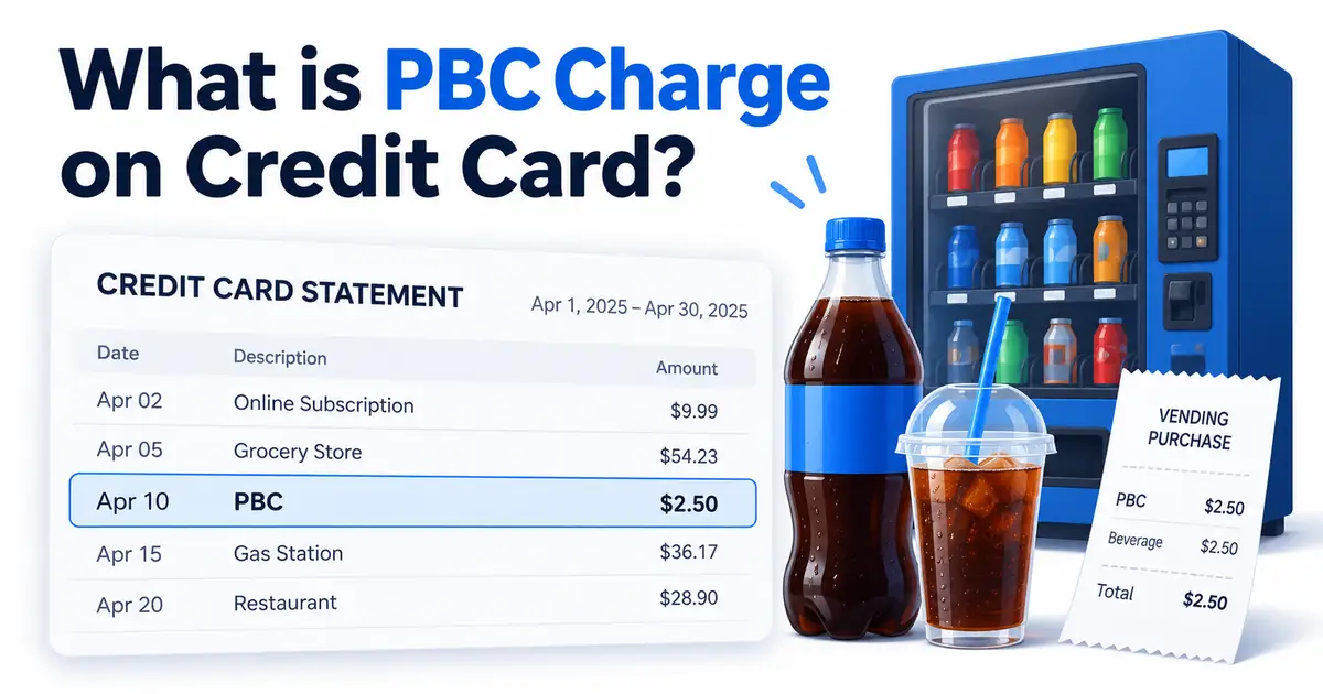PBC card charge illustration with vending machine, drinks, and payment receipt