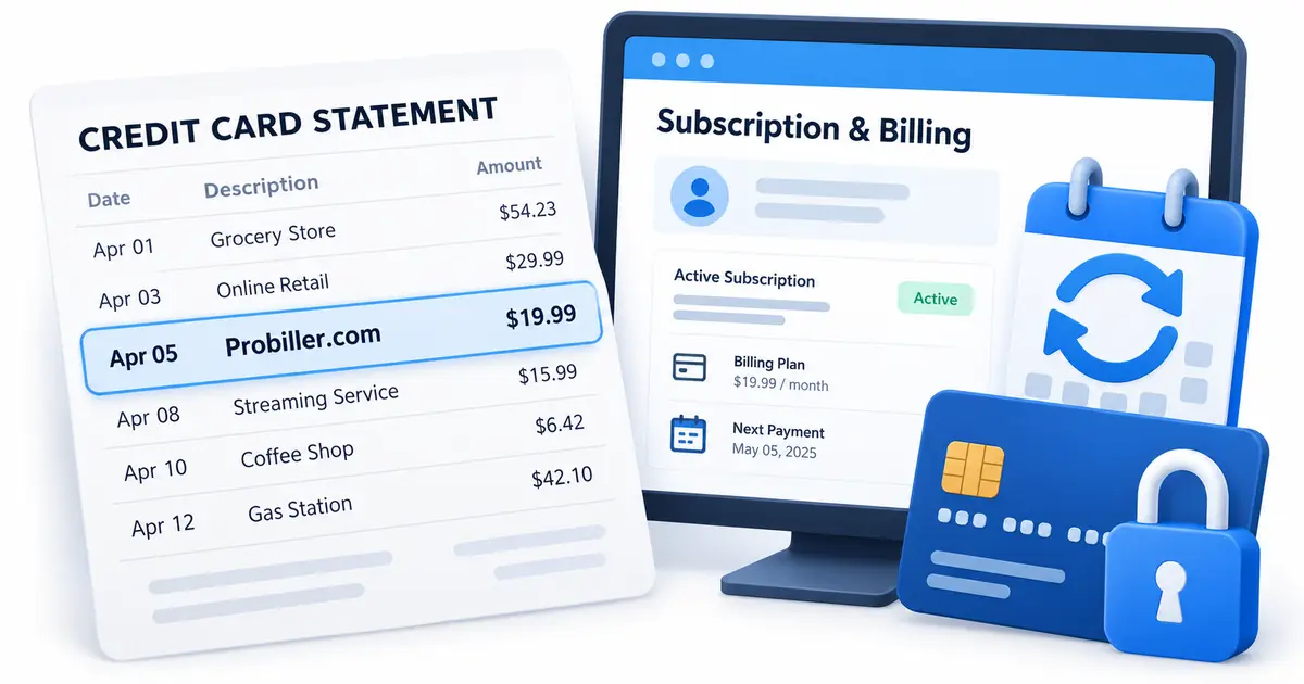 Probiller.com charge on statement with subscription billing and account security screen