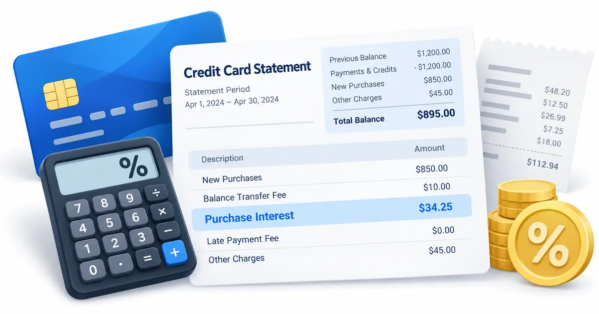 Credit card statement showing purchase interest, calculator, and percentage symbol