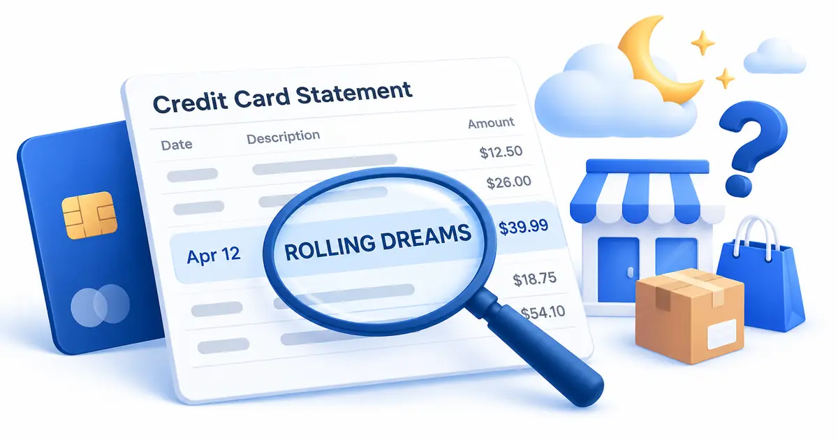 Rolling Dreams charge on a card statement with merchant lookup illustration