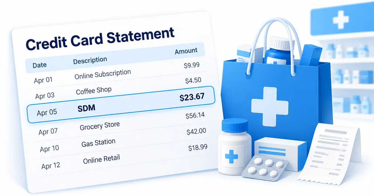 What is SDM Charge on Credit Card? 1 SDM charge highlighted on a credit card statement beside pharmacy purchases