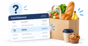 Illustration of TGTG card charge beside a bag of surplus food