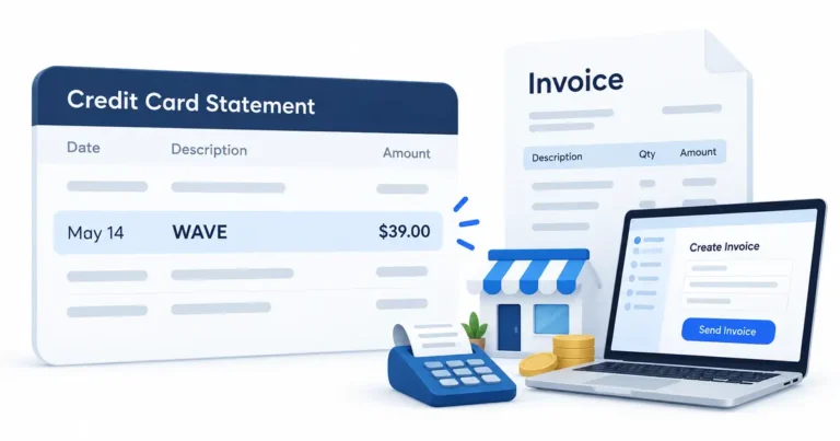 Wave charge on a credit card statement beside an online business invoice