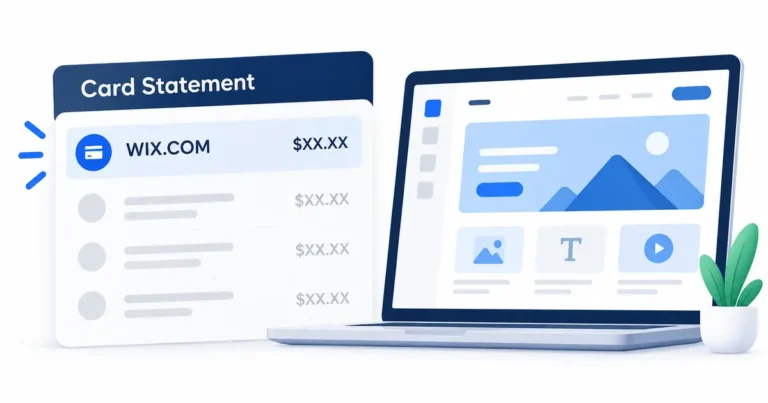 Wix.com credit card charge beside a website builder and billing statement